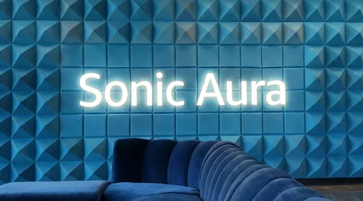 custom backlit led channel letters for premium interior business branding sonic aura glowing logo on blue textured 3d wall panels with a velvet sofa 1